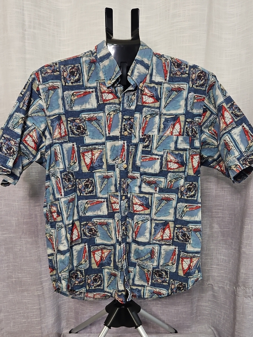 Vintage Natural Issue Nautical Sailboat Grid Print Button Down Shirt